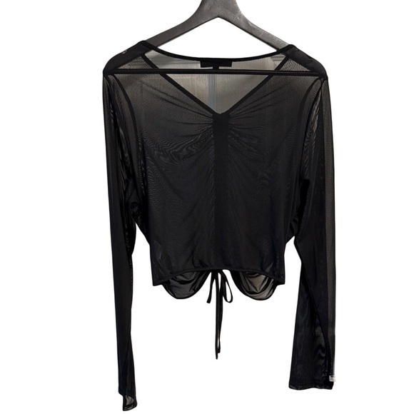 Love Tree Sheer Black Ruched Long Sleeve Adjustable Tie Front Crop Top Plus 3X - Picture 1 of 12